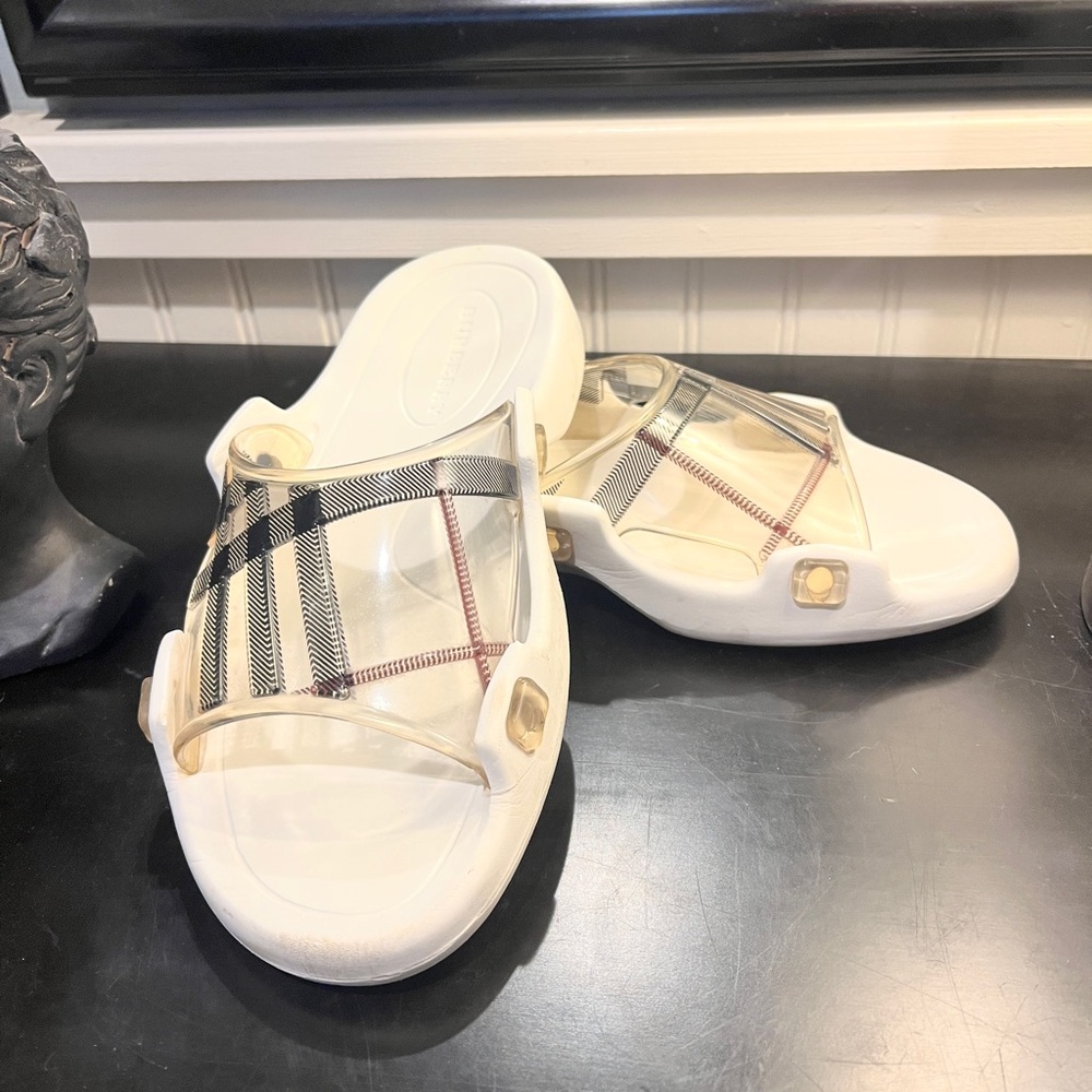 White Slide Sandals with Plaid Strap